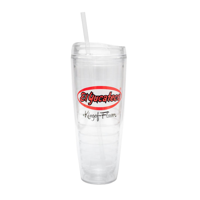 Clear insulated plastic tumbler with straw printed with the El Yucateco Logo and King of Flavor since 1968 on front